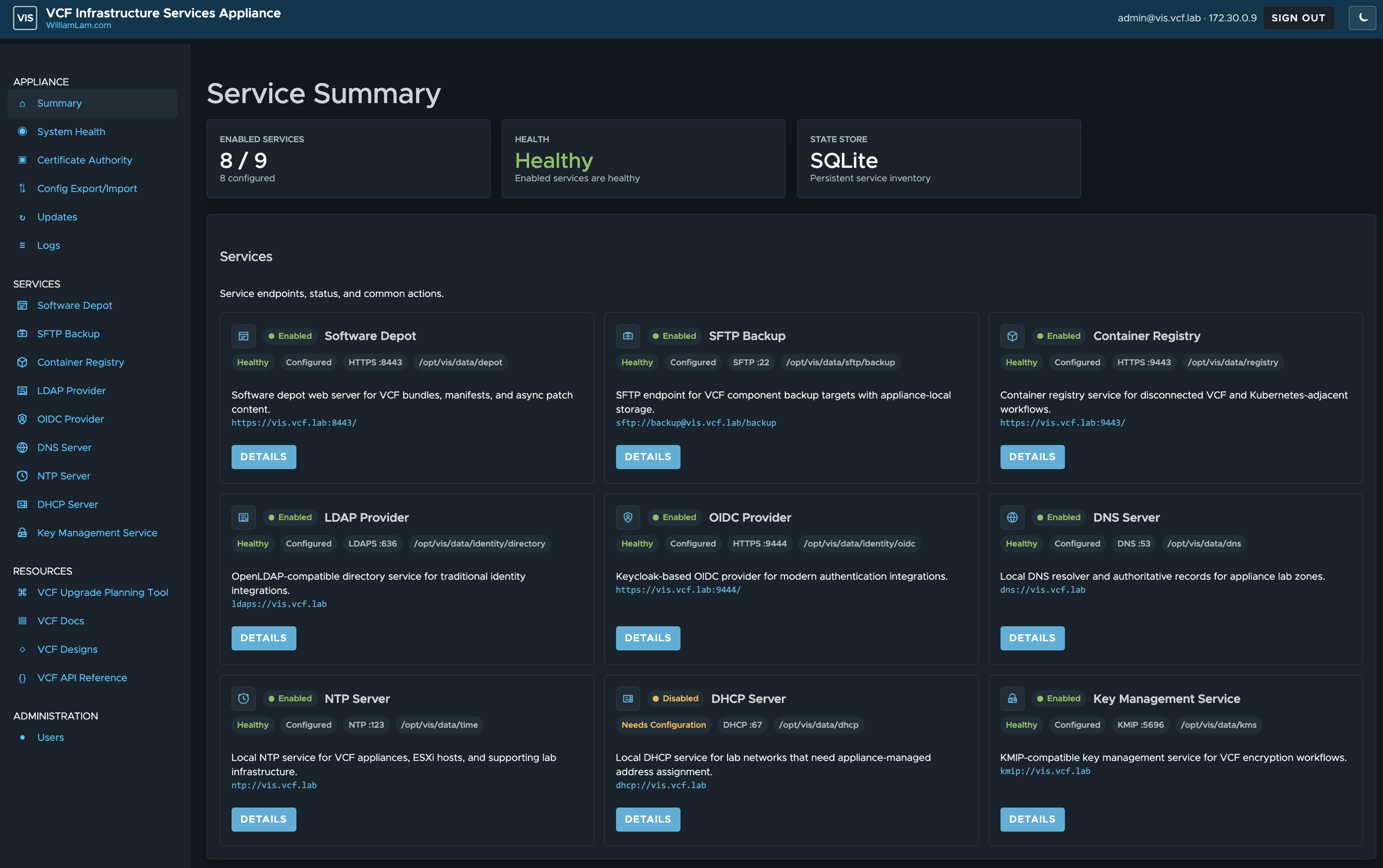 VIS service summary dashboard